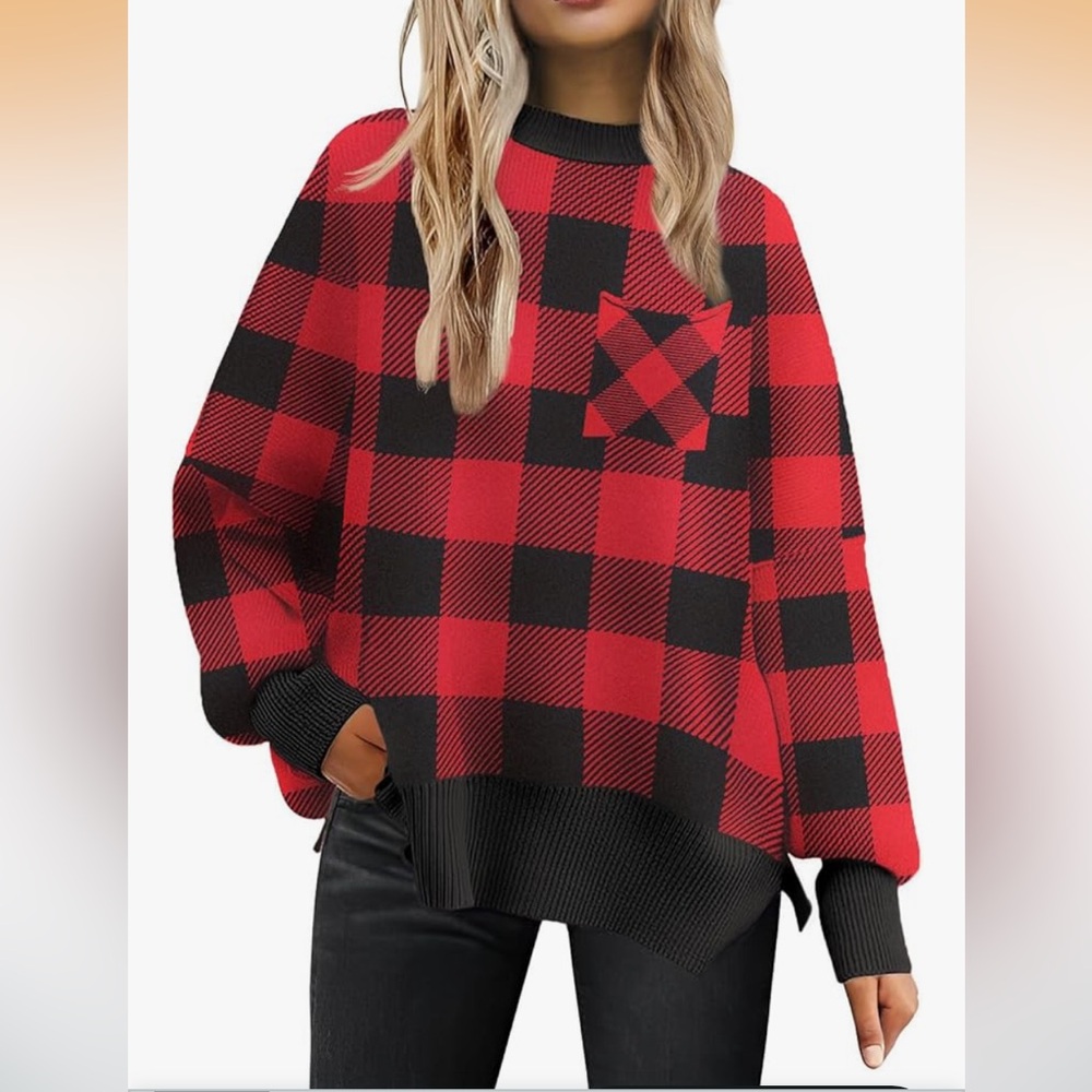 🆕 Trendy Red and Black Buffalo Check Plaid Sweater oversized size medium